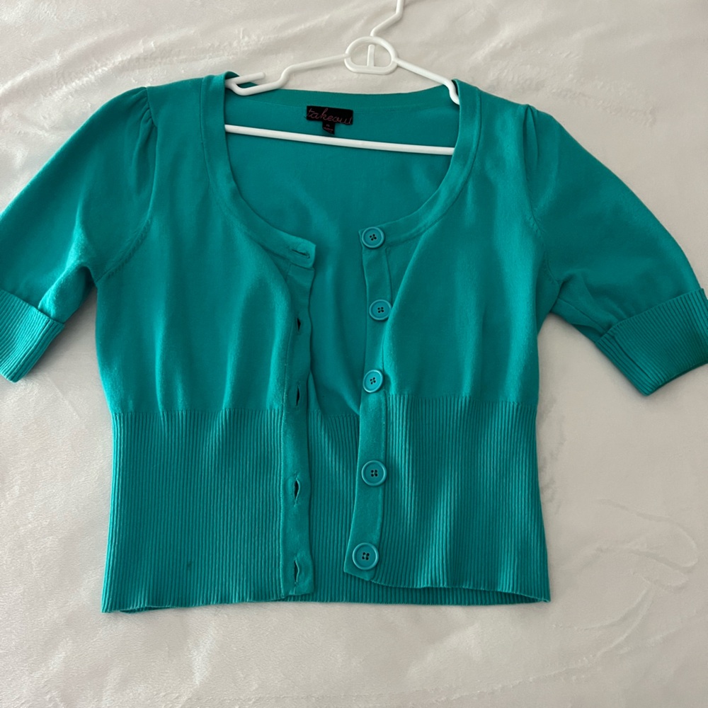 Takeout Teal Short-Sleeve Button Front Top